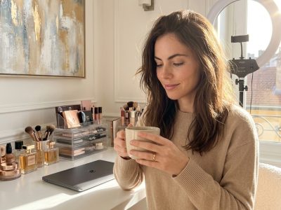 Émilie geniet van een kopje koffie, klaar om je vragen te beantwoorden